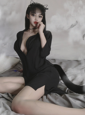 BeYourCat秘书小制服性感睡裙黑白雪纺长袖内衣开叉睡衣情趣衬衫