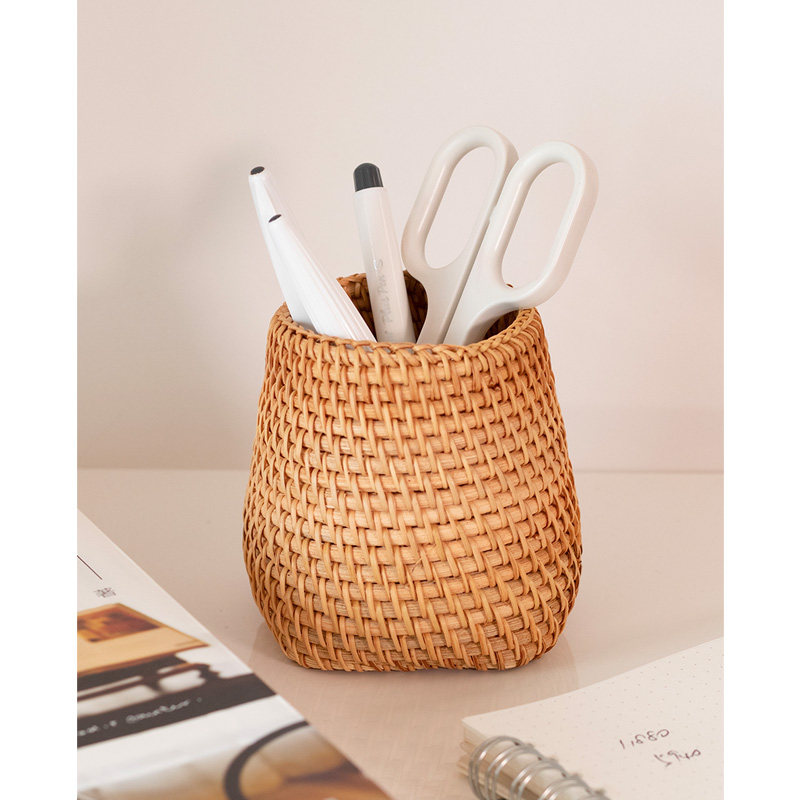 藤编复古笔筒木质办公室桌面摆件日式化妆刷收纳筒创意北欧ins风