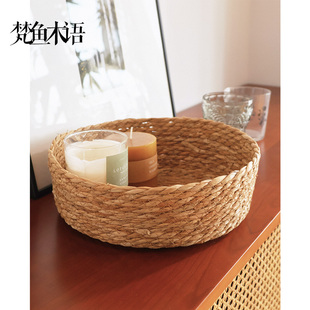 梵鱼草编圆形收纳筐桌面零食水果杂物收纳篮储物篮整理篮面包篮
