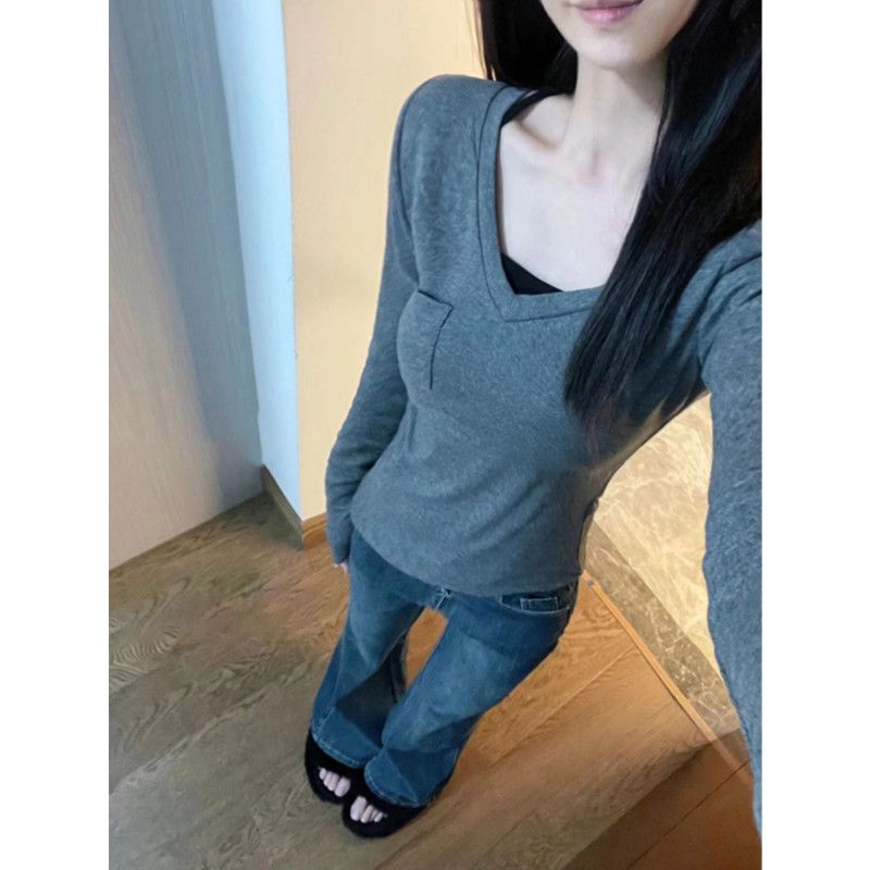 秋冬内搭纯欲正肩v领长袖T恤女生