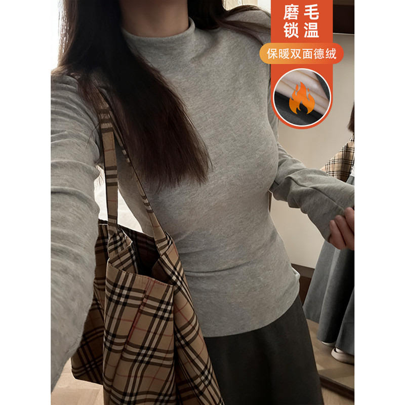 灰色半高领加绒紧身内搭打底衫女