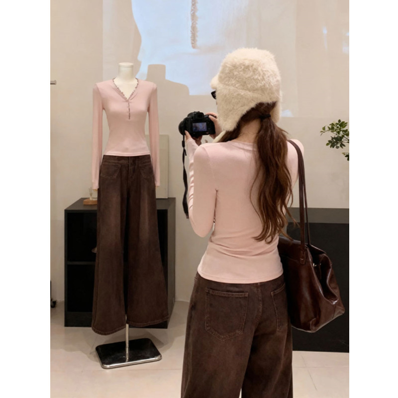 韩系甜辣格纹v领修身长袖t恤女