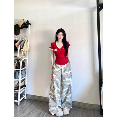 美式甜辣妹V领修身显瘦短袖T恤女