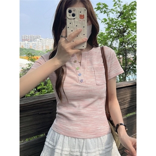 设计感彩色纽扣t恤女韩系v领条纹短袖 针织上衣 温柔甜妹风修身 短款