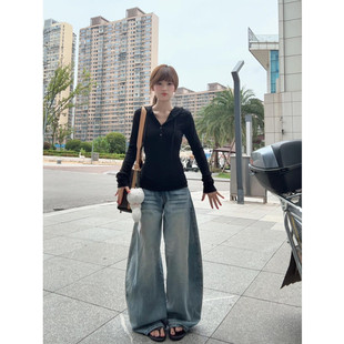 韩系辣妹黑色长袖连帽T恤女春秋季紧身显瘦打底衫设计感小众上衣