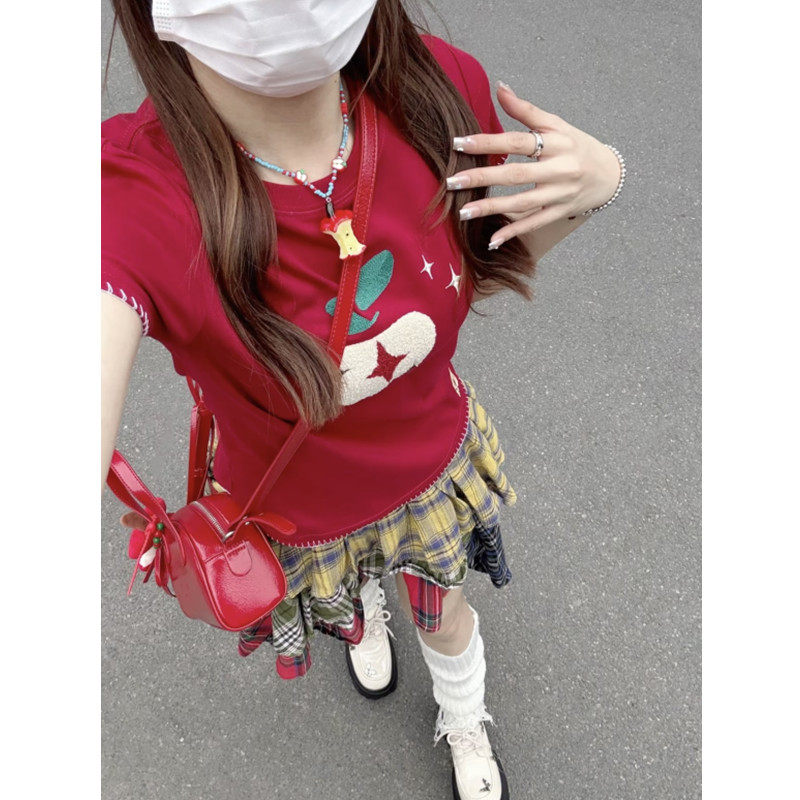 趣味水果毛巾刺绣短袖t恤女夏季新款修身显瘦小个子减龄短款上衣
