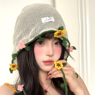 森系花朵手工编织镂空帽女生旅游百搭出片夏季透气显脸小推推帽子