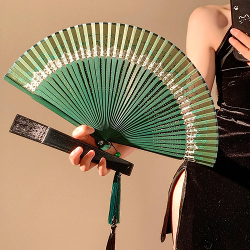 新中式墨绿色竹扇折叠小扇子女