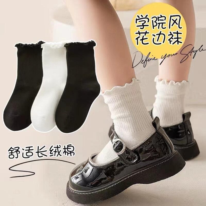 女童袜子春秋季花边公主风配小皮鞋黑白色儿童袜女孩夏季中筒袜