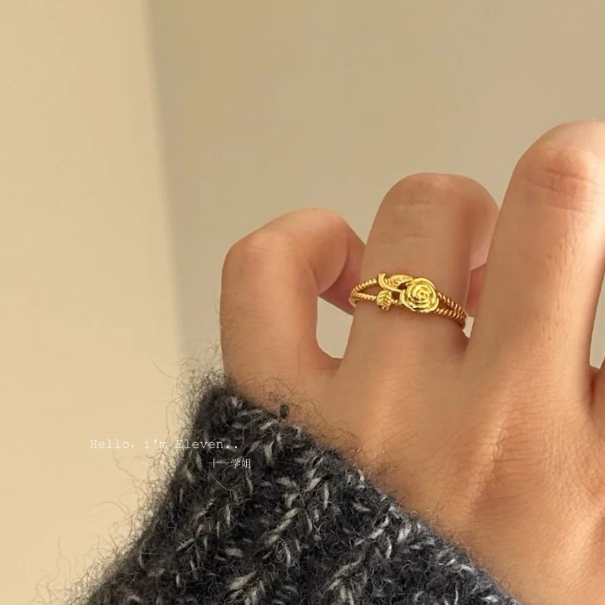 金色玫瑰花素圈戒指女生轻奢小众高级感可调节食指戒时尚个性指环