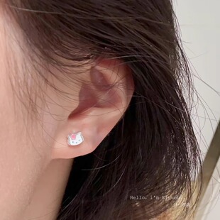 S999足银针KT猫咪螺丝耳钉女可爱甜美养耳免摘耳环耳骨儿童耳饰品