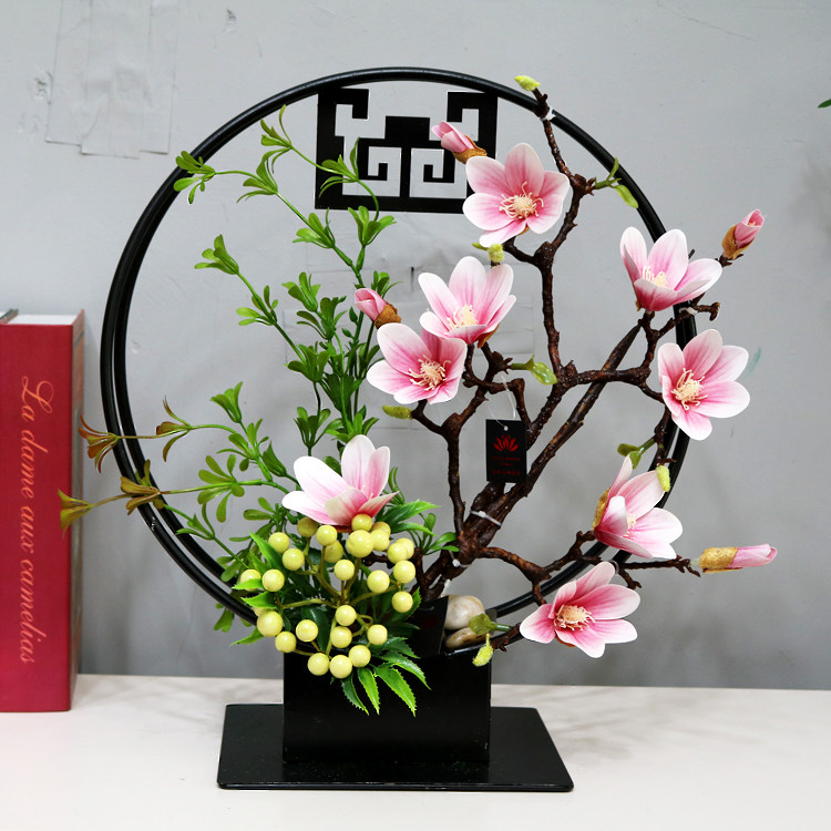 仿真花中式玉兰花铁艺摆件样板房客厅酒店会所电视玄关家居装饰花