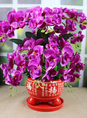 仿真花蝴蝶兰套装红色陶瓷花盆室内客厅绢花摆设婚庆新房装饰花艺