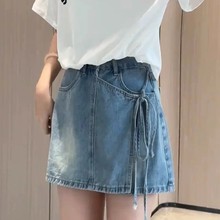 大码胖mm复古牛仔半身裙女夏季新款高腰显瘦绑带设计感a字短裙裤