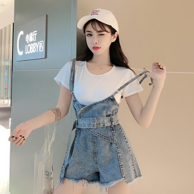 网红牛仔背带短裤女夏季新款大码胖MM宽松显瘦阔腿学生吊带连体裤