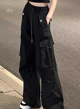 美式高街黑色工装裤女早秋新款大码胖MM降落伞登山裤子阔腿运动裤