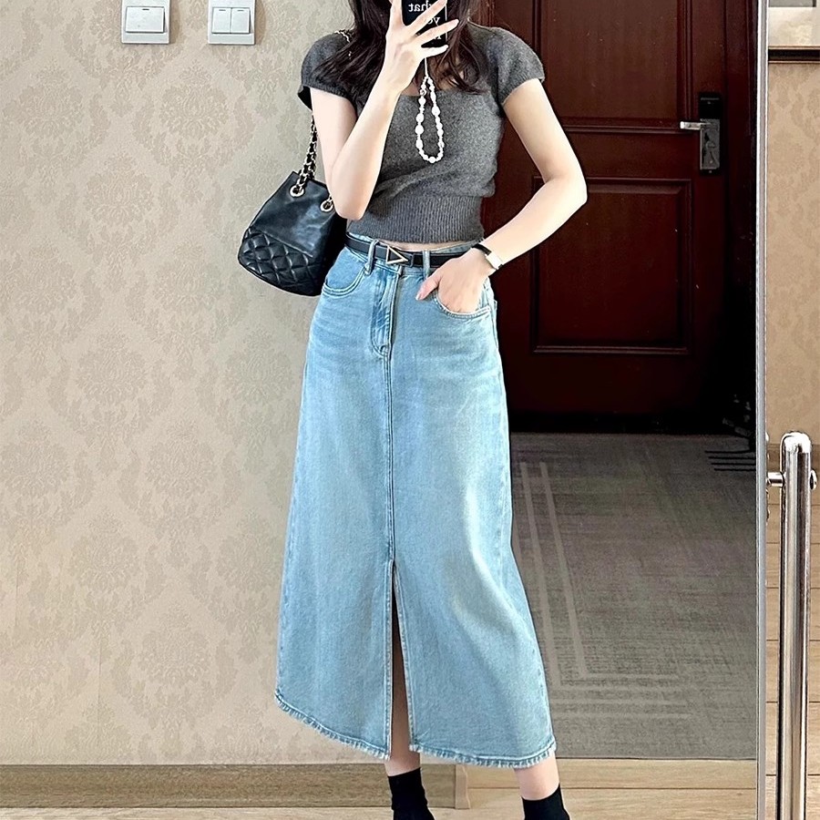 大码胖mm天丝牛仔半身裙女夏季薄款高腰显瘦宽松中长款a字包臀裙
