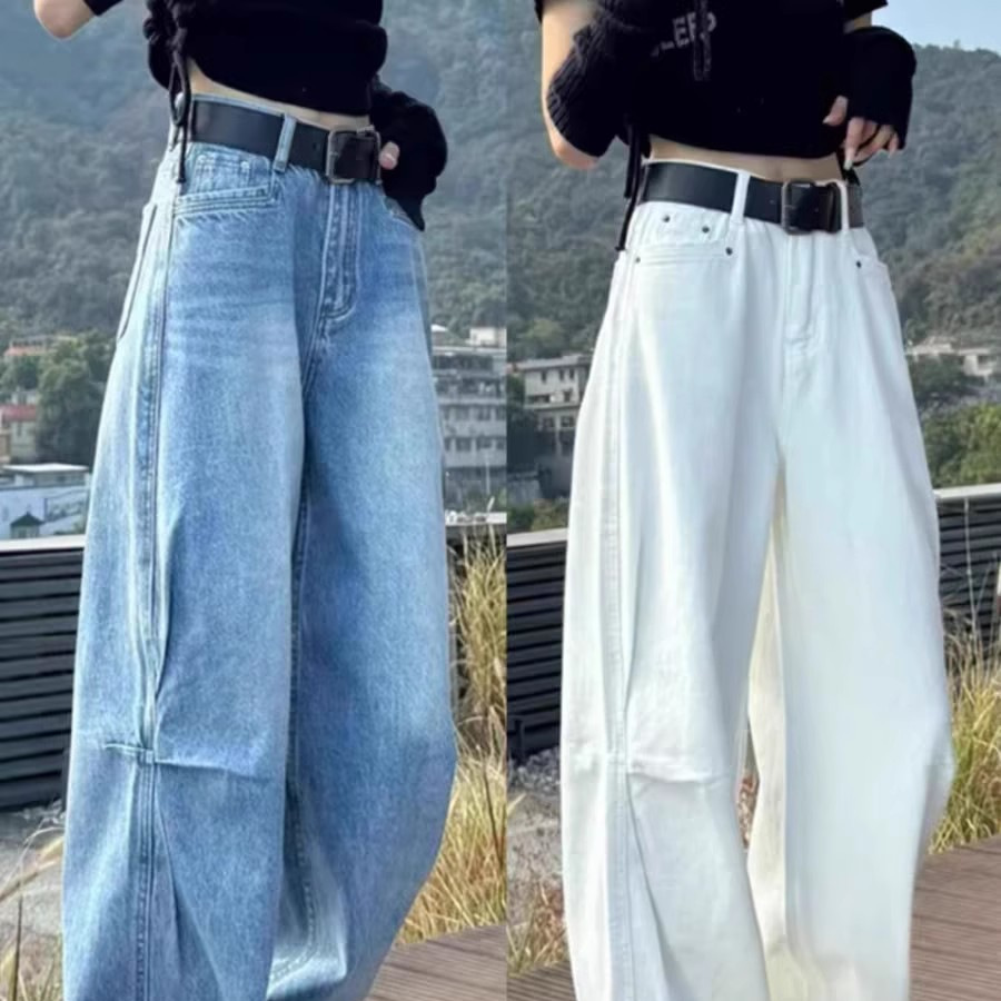 弯刀阔腿拖地牛仔裤女