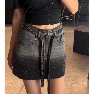 大码 高腰显瘦包臀a字短裙子 胖mm复古渐变烫钻牛仔半身裙女夏季