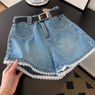 蓝色蕾丝花边高腰牛仔短裤女夏季新款大码胖mm宽松显瘦阔腿a字裤