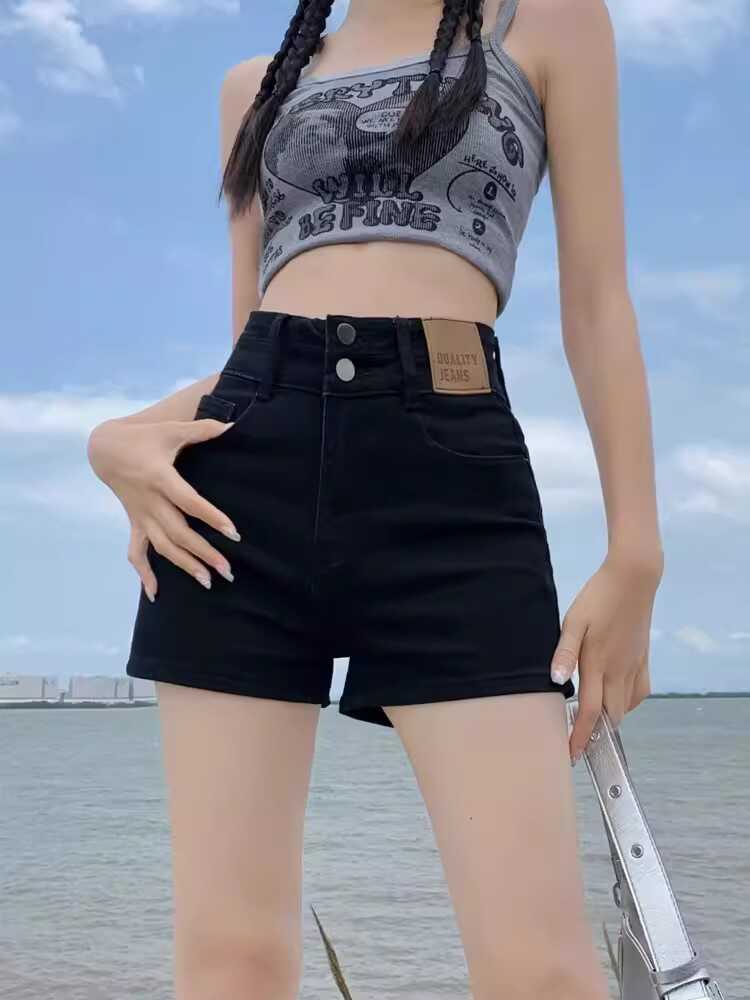 复古弹力a字薄款阔腿牛仔短裤