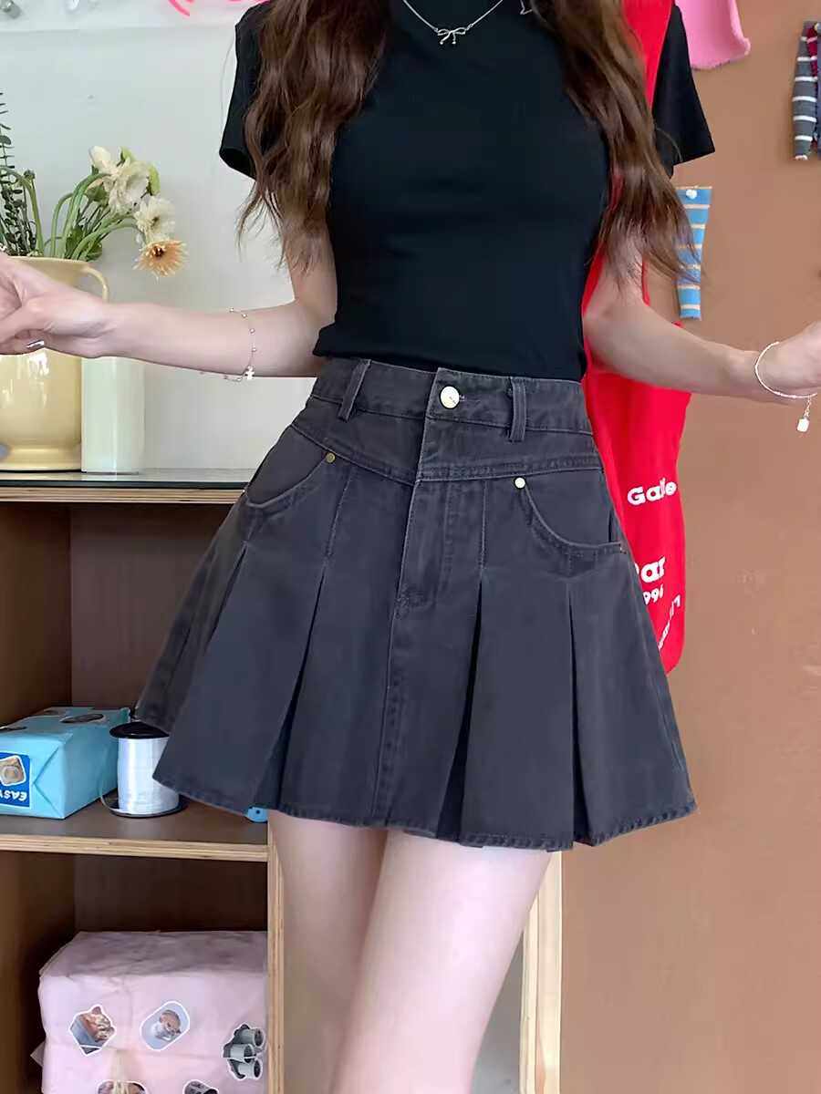 高腰牛仔防走光半身裙百褶短裙