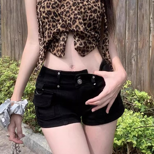 辣妹黑色牛仔短裤 新款 美式 女夏季 子 大码 胖MM紧身显瘦超短包臀热裤