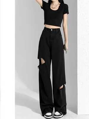 黑色破洞直筒阔腿拖地牛仔裤女