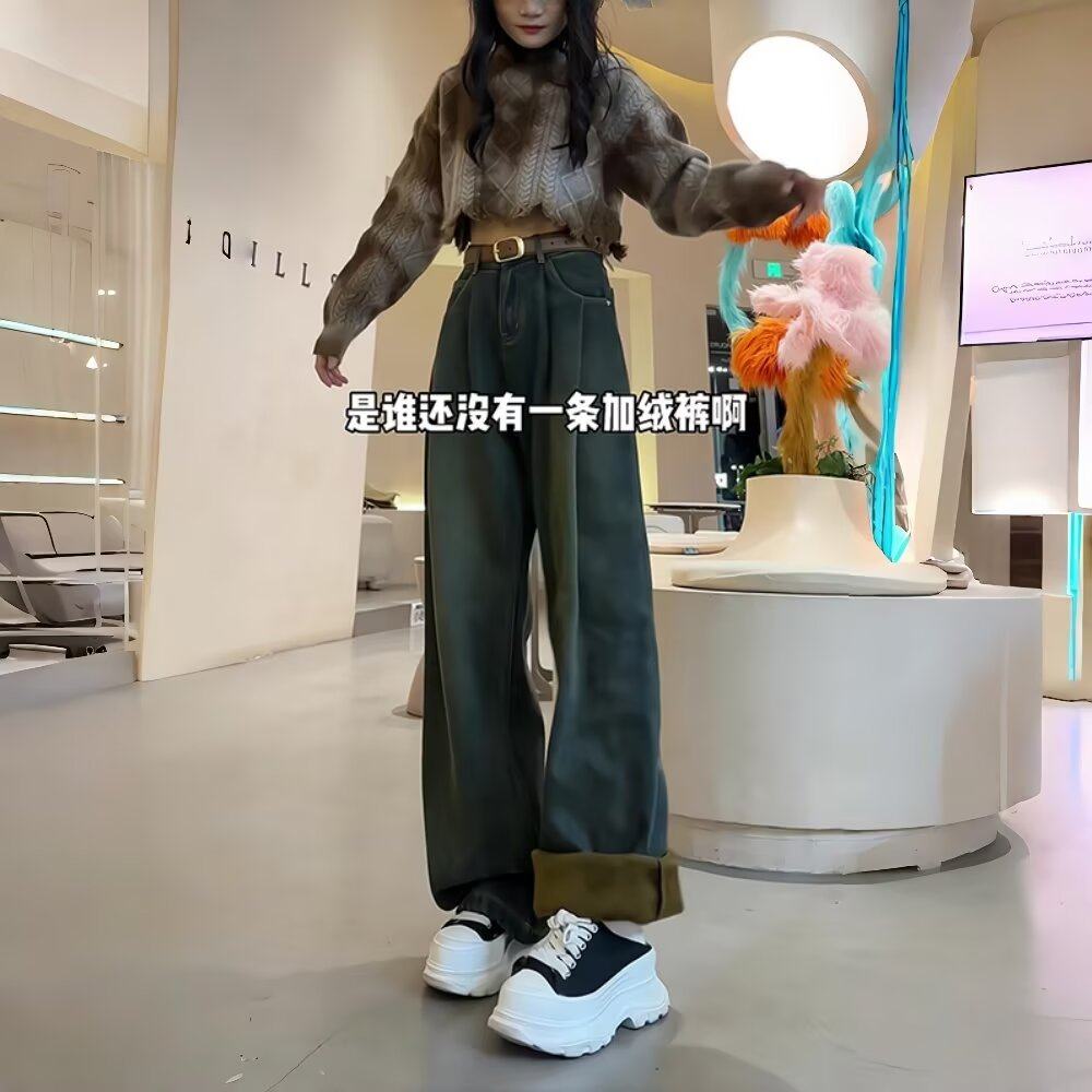 大码胖MM复古高腰阔腿牛仔裤女秋冬新款加绒加厚宽松显瘦直筒长裤,女装/女士精品,牛仔裤,淘宝优惠券,粉丝福利购,淘宝优惠卷