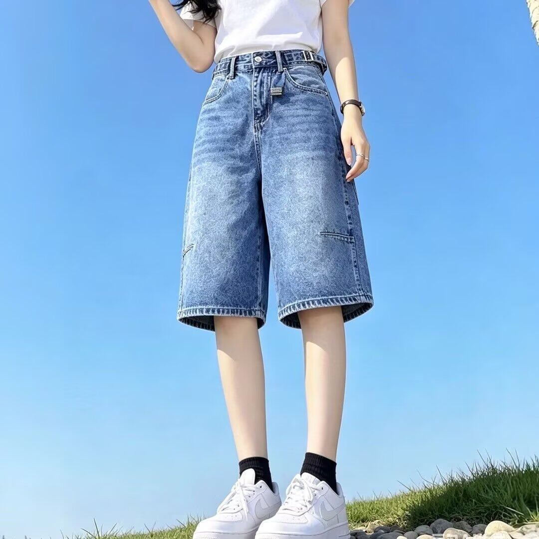 复古高腰直筒牛仔短裤女夏季薄款大码胖MM宽松显瘦五分阔腿中裤子