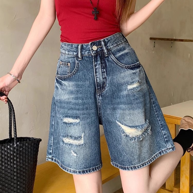 大码胖mm高腰破洞牛仔短裤女夏季新款宽松显瘦五分裤小个子阔腿裤
