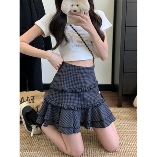 高腰别致蛋糕短裙 新款 大码 胖mm甜美高级感格子木耳边半身裙女春季