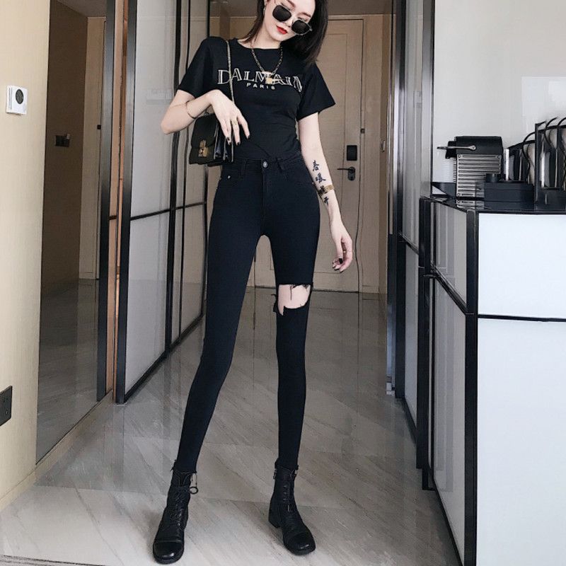 破洞牛仔裤女春秋新款ins韩版高腰显瘦显高小个子弹力小脚铅笔裤