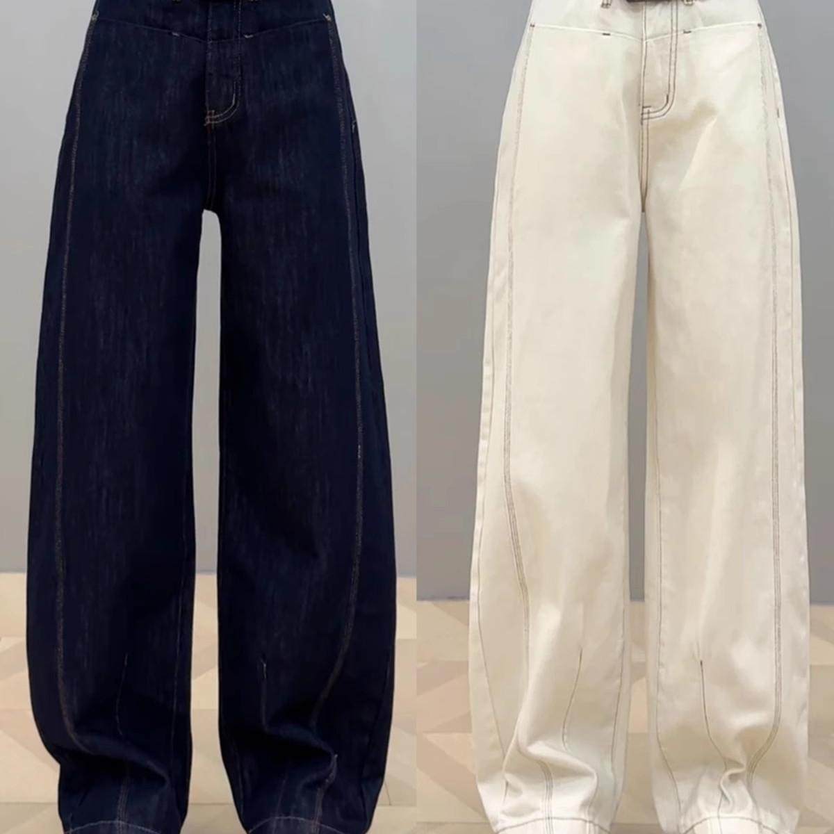 窄版弯刀阔腿牛仔裤女