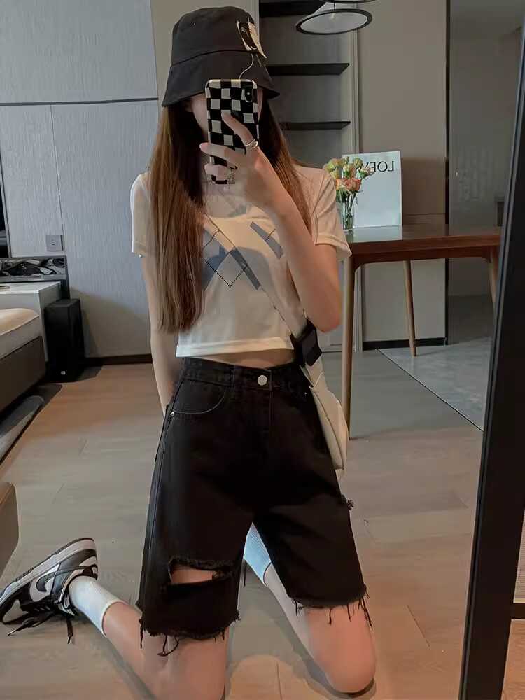 黑色牛仔五分短裤女夏季薄款高腰大码胖MM宽松显瘦破洞直筒中裤子