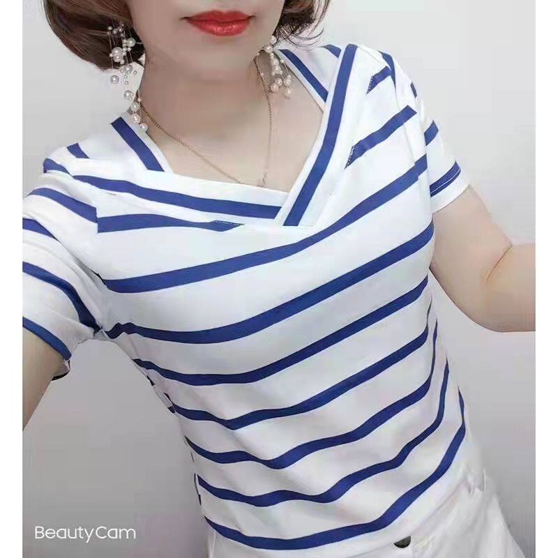 V领蓝条纹鸡心领半袖丅恤上衣女妈妈纯棉全棉短袖t恤体桖修身夏天