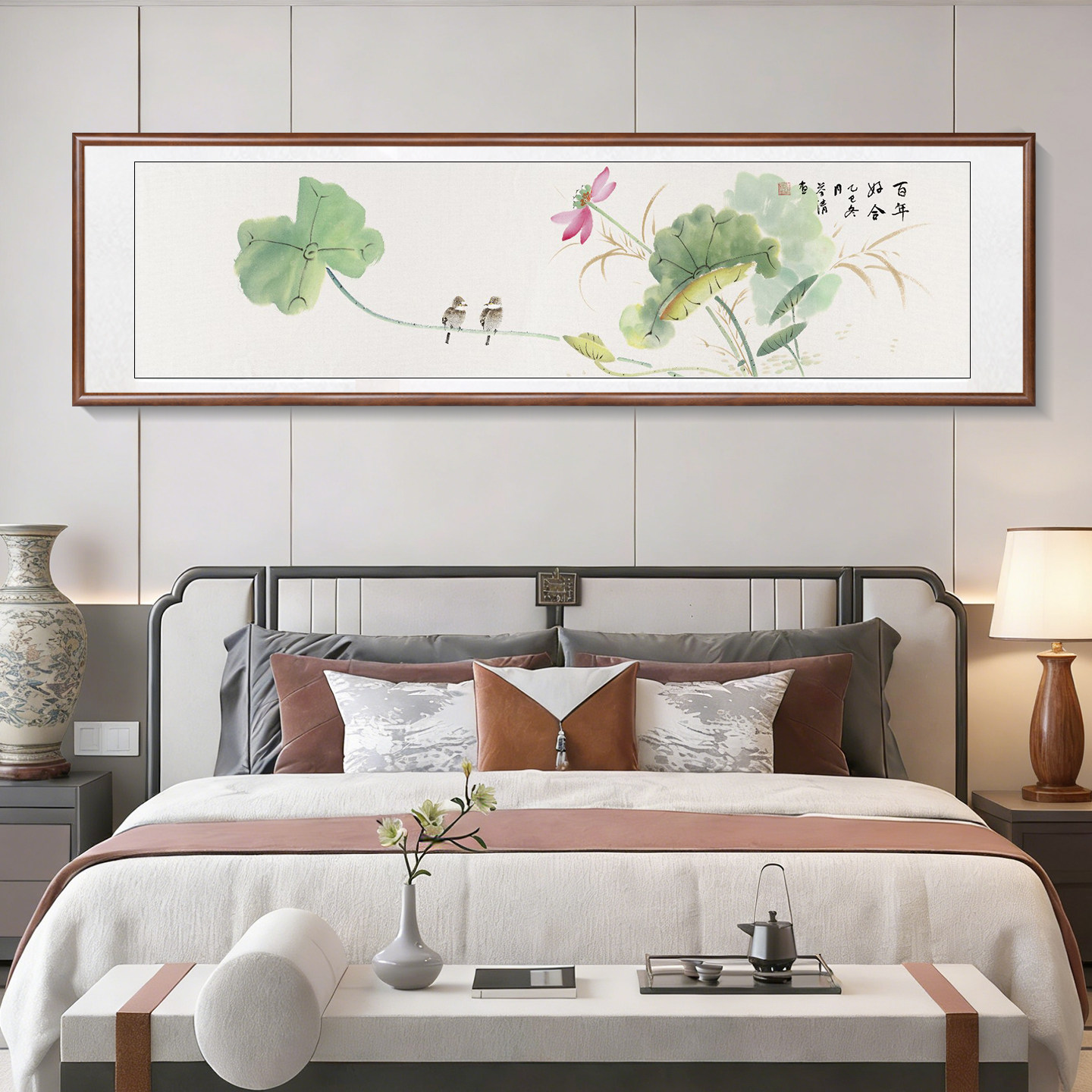 百年好合夫妻主卧床头画新中式卧室挂画客厅沙发背景墙花鸟装饰画