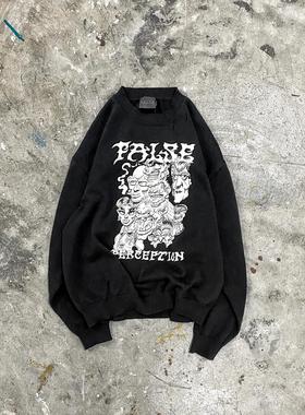 False Perception x Frogman 联名款 骷髅头印花圆领针织卫衣黑色