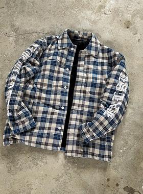 False Perception 血牙刺绣格子夹棉夹克外套蓝色