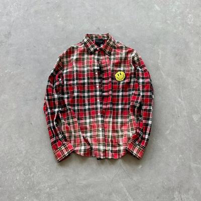 笑脸刺绣格子纽扣水洗红衬衫