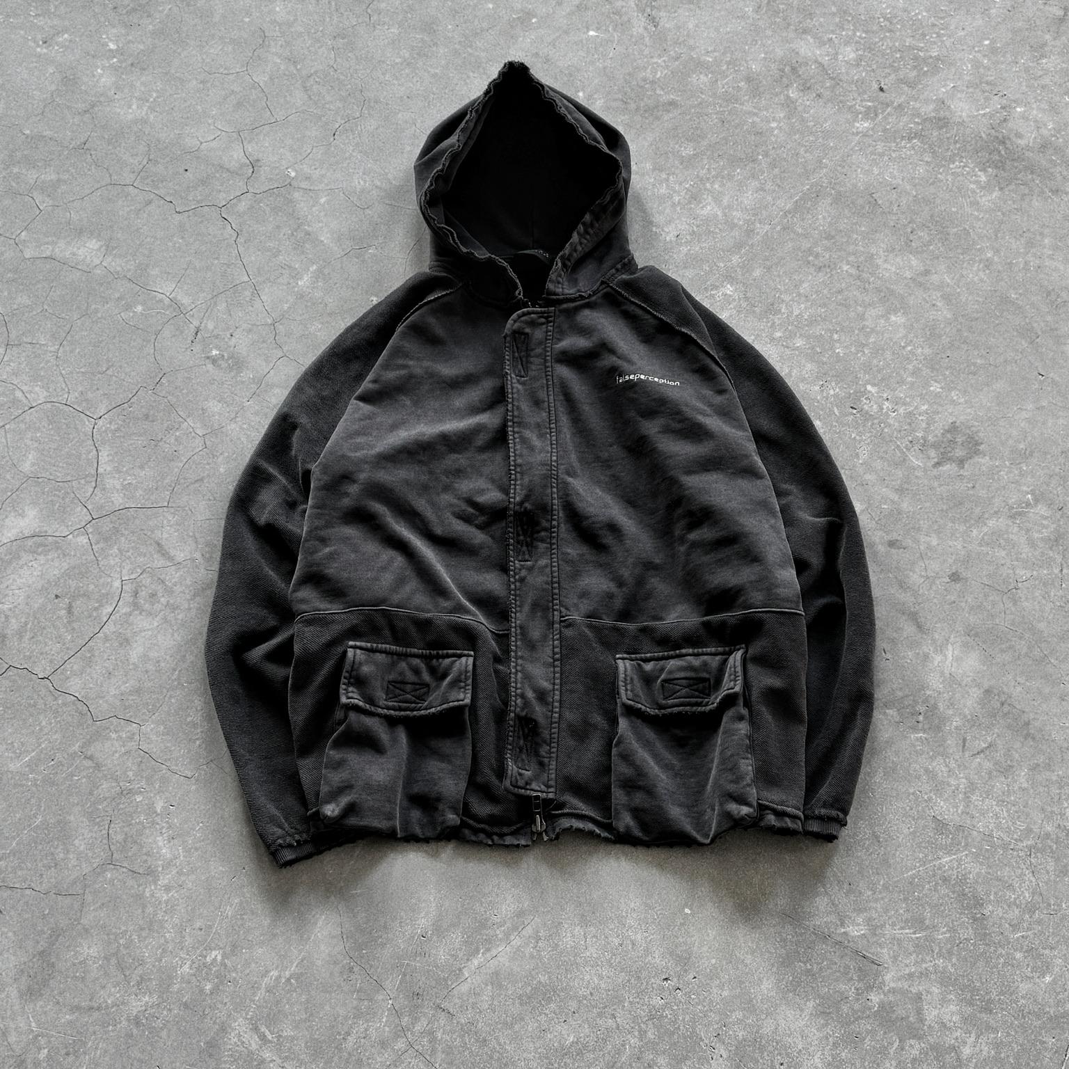 False Perception Army Cargo Parka 炮弹大口袋拉链夹克水洗黑