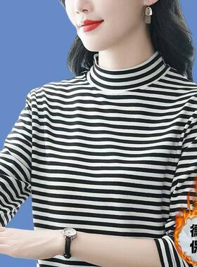 时尚洋气条纹半高领长袖t恤女士秋冬款德绒中领内搭保暖打底衫