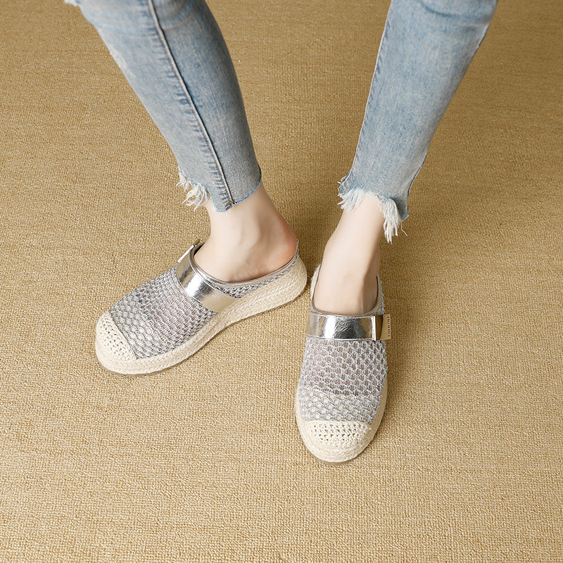 包头半拖鞋女2026新款休闲风网面渔夫鞋蕾丝透气厚底一脚蹬穆勒鞋