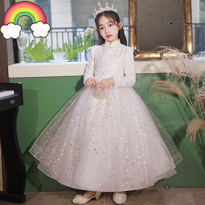 高端儿童礼服冬季保暖白色女童
