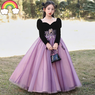 高端赫本风女童晚礼服新款冬季女孩生日公主裙主持人小提琴演出服