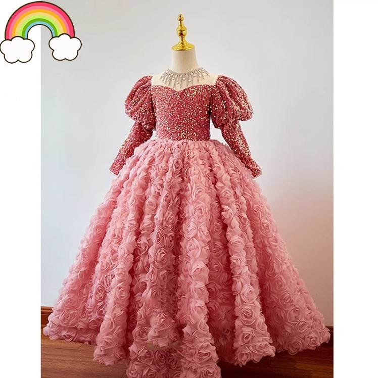 高端儿童礼服粉色闪亮端主持人生日宴公主裙春秋季女童钢琴演奏