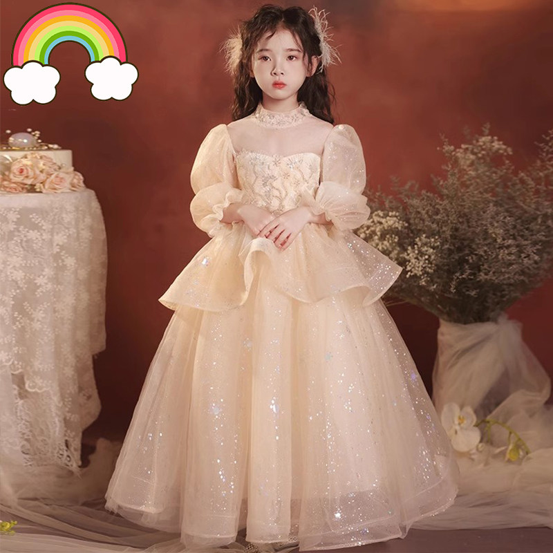 高端长袖公主裙秋季新款女童主持人香槟色礼服生日儿童钢琴演奏潮
