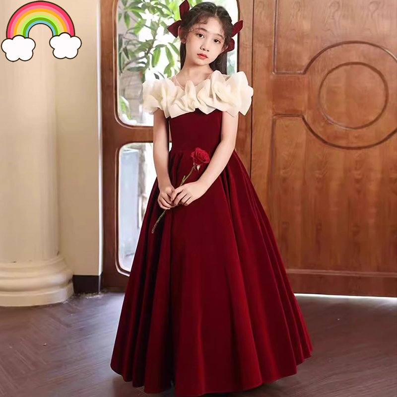 高端儿童礼服红色长裙花童婚礼小女孩公主裙女童高端钢琴演奏演出