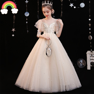 高定儿童礼服主持人走秀钢琴原创唱歌花童比赛长裙香槟色宝宝女童