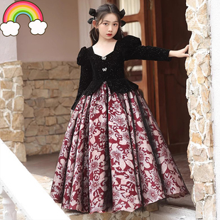 高定女童晚宴礼服轻奢小众黑色公主裙儿童主持人钢琴演奏长袖长裙